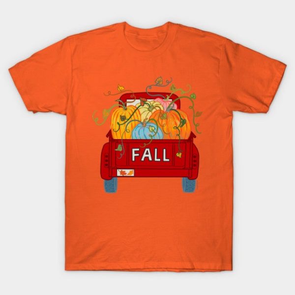 Fall Pumpkin Truck Red Vintage Old Pickup with Pumpkins